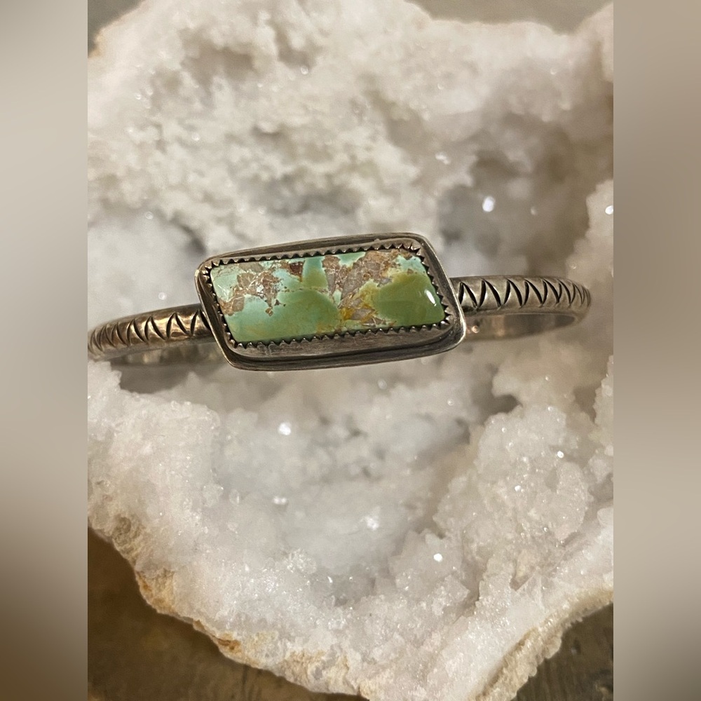 Sterling Pilot Mountain Turquoise Stamped Stacker Cuff - Picture 2 of 7